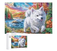 White Dog by Stream with Snowy Peaks Puzzle 1000 Pezzi Per Coppie Serata A Casa Sfida Intellettuale Regalo Per San Valentino 1000 PCS
