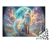 White Fox Sits Under Glowing Moon Jigsaw Puzzles,1000 Pezzi Puzzle Wildlife, Gioco Familiare, Festa Aziendale, Regalo Per Amore E Amico 52x38cm/1000pcs