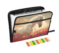 White Horse - Cartella floreale bianca con tasca, 13 tasche, formato A4, con chiusura a cerniera, per documenti e documenti a fisarmonica