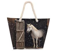 White Horse Peeking Out at The Snowy Tote Bags per donne uomini borsa a tracolla da spiaggia borsa shopping con manico in Hemprope