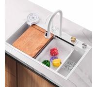 White Modern Rectangular Stainless Steel Kitchen, 75x45x22cm, Undermount, 2 Holes, Central Drain, Brushed Finish, Multi-Functional Faucet, Waterfall Outlet, all Accessories Included