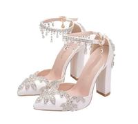White Pointed Crystal Wedding Shoes Thick Heel Ultra-High Bridal One-Line Buckle Strap Tassel Rhinester Women(White 7.5cm,39)