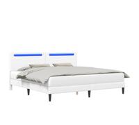 White Similpelle Upholstered Bed Frame with LED Lights and USB Charging Station, 180 x 200 cm King Size Adjustable Colour Strip with Padded Headboard for Bedroom, Modern Wooden Platform Bed