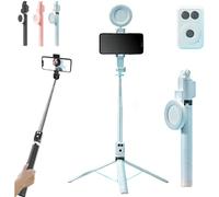 (White, Single Fill Light) Bastone selfie Bluetooth 6 in 1 con treppiede, estendibile per smartphone, telecomando