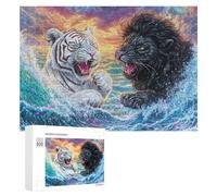 White Tiger And Black Lion in Wave Confrontation Puzzle 300 Pezzi Per Anziani Tempo Libero Indoor Allenamento Della Memoria Regalo Per Pensionamento 300 PCS