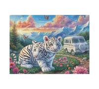 White Tiger Mountain Forest Puzzle 500 Pezzi Per Regalo Di Festa Della Nonna Cartone Spesso Paesaggi Floreali Per Decorazione Domestica Con Poster Incluso Edizione 500 PCS（52×38cm）