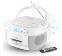 (White, US Standard) Boombox portatile Bluetooth con lettore di cassette, CD, nastri e radio AM/FM.