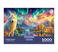 White Wolf, Aurora-lit Mountain Lake Scene Puzzle Da 1000 Pezzi Cool Wolf Ideale Per Uomini, Donne, Anziani E over 65 52x38cm/1000pcs