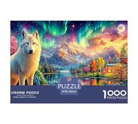 White Wolf, Aurora-lit Mountain Lake Scene Puzzle Da 1000 Pezzi Cool Wolf Qualità Premium, Ottimo Gioco Per Adulti E Bambini 38x26cm/1000pcs
