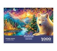 White Wolf Lies near Glowing Mountain Village Puzzle Da 1000 Pezzi Cool Wolf Divertimento Di Ingegno Per Adulti E Bambini 70x50cm/1000pcs
