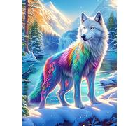 White Wolf with Rainbow Fur Puzzle 1000 Pezzi Per Principianti Assoluti Wildlife Pet Cartone Rigido Difficoltà Bassa Per Imparare Con Guida Passo Passo Qualità Garantita Con Poster 1000 PCS
