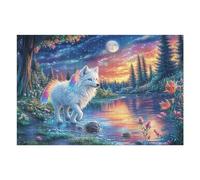 White Wolf with Rainbow Tail in Floral Night Lake Puzzle 1000 Pezzi Gioco Familiare Relax Rompicapo Per Adulti Idea Regalo Natale Per Tutta La Famiglia 1000 PCS