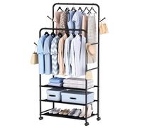 Whitmor Appendiabiti a doppia asta: appendiabiti in metallo per appendere vestiti, appendiabiti resistente con 3 ripiani, organizer portatile per camera da letto, lavanderia, soggiorno, nero