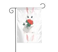 WHJDPP Bandiere da giardino con coniglietto bianco con rose, 30,5 x 45,7 cm, per decorazione da cortile, larghezza di posizione del palo di 3 cm (solo bandiera, asta non inclusa)