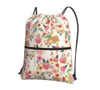 WHJDPP Corgi, zaino con coulisse e stampa floreale, leggero, impermeabile, con tasca con cerniera, per palestra, viaggi, yoga ed escursionismo