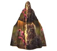 WHJDPP Mantello con cappuccio e papillon per adulti con immagine di gatto che tocca i fiori, per Halloween, feste in costume, cosplay