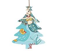 WHJDPP Ornamenti di Natale in legno a forma di albero di Natale, 6 pezzi, sirena, meduse tropicali, pesci rossi, tifo cavalluccio marino, stampa da appendere