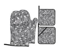 WHJDPP Set di quattro pezzi con paillettes argentate e luccicanti, include 2 guanti isolanti e 2 cuscinetti per coperchio con tasche, anti-scottatura e termoisolanti
