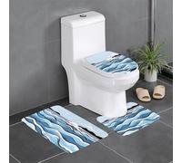 WHJDPP Set di tappeti da bagno antiscivolo con stampa di onde che lappano alle rocce, 3 pezzi, tappetini ovali e rettangolari per WC, toeletta e servizi igienici