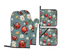 WHJDPP Summer Ladybird Flowers Prints Kitchen Baking Set da 4 pezzi con presine resistenti al calore e guanti da forno, strato impermeabile per una facile pulizia, ideale per grigliare e cuocere al