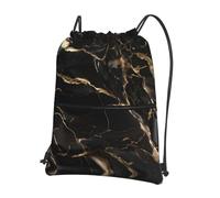 WHJDPP Zaino con coulisse con stampa marmorizzata nera e oro, leggera borsa sportiva impermeabile con tasca con cerniera, per palestra, viaggi, yoga ed escursionismo