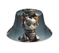 WHJHBD Cappello da pescatore riflettente con simpatico gatto meccanico stampato per uomini e donne per viaggi, campeggio, attività all'aperto, nero