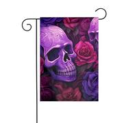 WHJSHOP Bandiere da giardino con teschi e rose viola, 30,5 x 45,7 cm, per decorazione da cortile, larghezza di posizione del palo di 3 cm (solo bandiera, asta non inclusa)