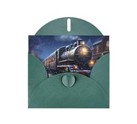 WHJSHOP - Biglietto di auguri con stampa di treni e treni notturni invernali, di alta qualità, effetto perlato, effetto perlato, con fibbia d'amore, busta di carta perlata, colore verde scuro