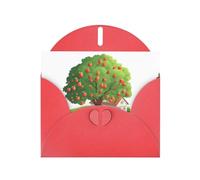 WHJSHOP Biglietto di auguri rosso con il melo accanto al cottage, stampa perfetta per San Valentino, anniversario di matrimonio e inviti per feste
