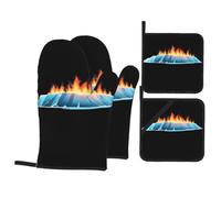 WHJSHOP Burning Iceberg Pattern Kitchen Baking Set di quattro pezzi include 2 guanti isolati e 2 coperchi per pentole con tasche spesse e resistenti