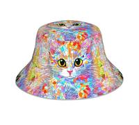 WHJSHOP Cappello alla pescatora riflettente con immagine di gatto in vetro colorato, traspirante, per uomini e donne, per viaggi, campeggio, nero
