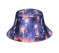 WHJSHOP Cappello alla pescatora riflettente con motivo fuochi d'artificio in città di notte, traspirante, per uomini e donne, per viaggi, campeggio, nero