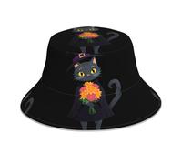 WHJSHOP Cappello alla pescatora riflettente con stampa di gatto strega con bouquet traspirante, per uomini e donne, per viaggi, campeggio, nero
