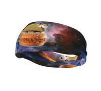 Whjshop - Fascia per il sudore sportiva alla moda, motivo gatto con stampe spaziali, assorbe il sudore, per uomini e donne
