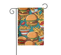 WHJSHOP Graziose bandiere da giardino con motivo di patatine fritte con hamburger, 30,5 x 45,7 cm, per decorazione da cortile con 3 cm di larghezza (solo bandiera, asta non inclusa)