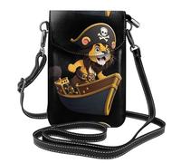 WHJSHOP Leone pirata che guida una borsa a tracolla per telefono a tracolla da donna in pelle con immagine di nave piccola, impermeabile e durevole