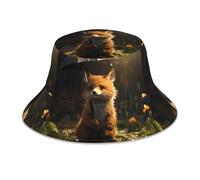 WHJSHOP Little Fox Hiding from the rain Picture Reflective Bucket Hat traspirante per uomini e donne, per viaggi, campeggio, nero