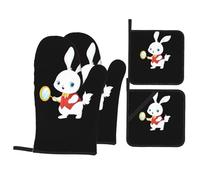 WHJSHOP Little White Rabbit Looking in the Mirror Pattern Kitchen Baking Set da quattro pezzi include 2 guanti isolati e 2 coperchi per pentole con tasche spesse e resistenti