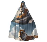 WHJSHOP Majestic Tiger appoggiato su una roccia con cielo nuvoloso modello Halloween adulto mantello con cappuccio senza cerniera, comodo e durevole per giochi di ruolo