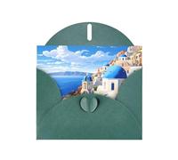 WHJSHOP Santorini - Biglietto di auguri con stampa dell'isola greca di Santorini verde scuro - Carta perlescente di alta qualità su entrambi i lati, effetto perlato, con fibbia d'amore e busta di