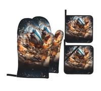 WHJSHOP Set da cucina con stampa Rugby on Fire, guanti da forno, tuta in quattro pezzi ispessita e isolata