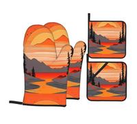 WHJSHOP Set da cucina stampato con colline e fiumi, guanti da forno, tuta in quattro pezzi ispessita e isolata