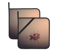 WHJSHOP Sottovaso isolato quadrato con immagine di barche da pesca nella nebbia mattutina, 2 pezzi, dotato di una comoda corda laterale per appenderlo facilmente