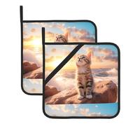 WHJSHOP Sottovaso quadrato isolato con immagine di gatto che cerca il cielo, 2 pezzi, dotato di una comoda corda laterale per appenderlo facilmente