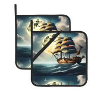 WHJSHOP Sottovaso quadrato isolato con immagine di una barca a vela pirata con luna piena, 2 pezzi, dotato di una comoda corda laterale per appenderlo facilmente