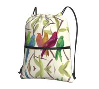 WHJSHOP Zaino con cerniera e coulisse con stampa di uccelli ad acquerello, leggero, impermeabile, per viaggi, yoga e avventure quotidiane