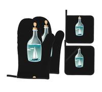 WHJSSF Barca in una bottiglia di vetro Stampa Cucina cottura set di quattro pezzi Include 2 guanti isolati e 2 coperchi per pentole con tasche anti-scottatura e termoisolante