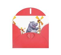 WHJSSF Biglietto di auguri rosso con ippopotamo che gioca con mulino a vento, 10,2 x 15,2 cm, per Natale, compleanni dei bambini, San Valentino, anniversari di matrimonio e inviti per feste