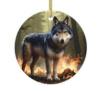 WHJSSF Decorazione natalizia in ceramica con stampa di lupo tra le fiamme, decorazione circolare per interni, idea regalo, 7,4 cm