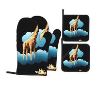 WHJSSF Giraffa sulle nuvole Stampa Cucina cottura set di quattro pezzi Include 2 guanti isolati e 2 coperchi per pentole con tasche anti-scottatura e termoisolante